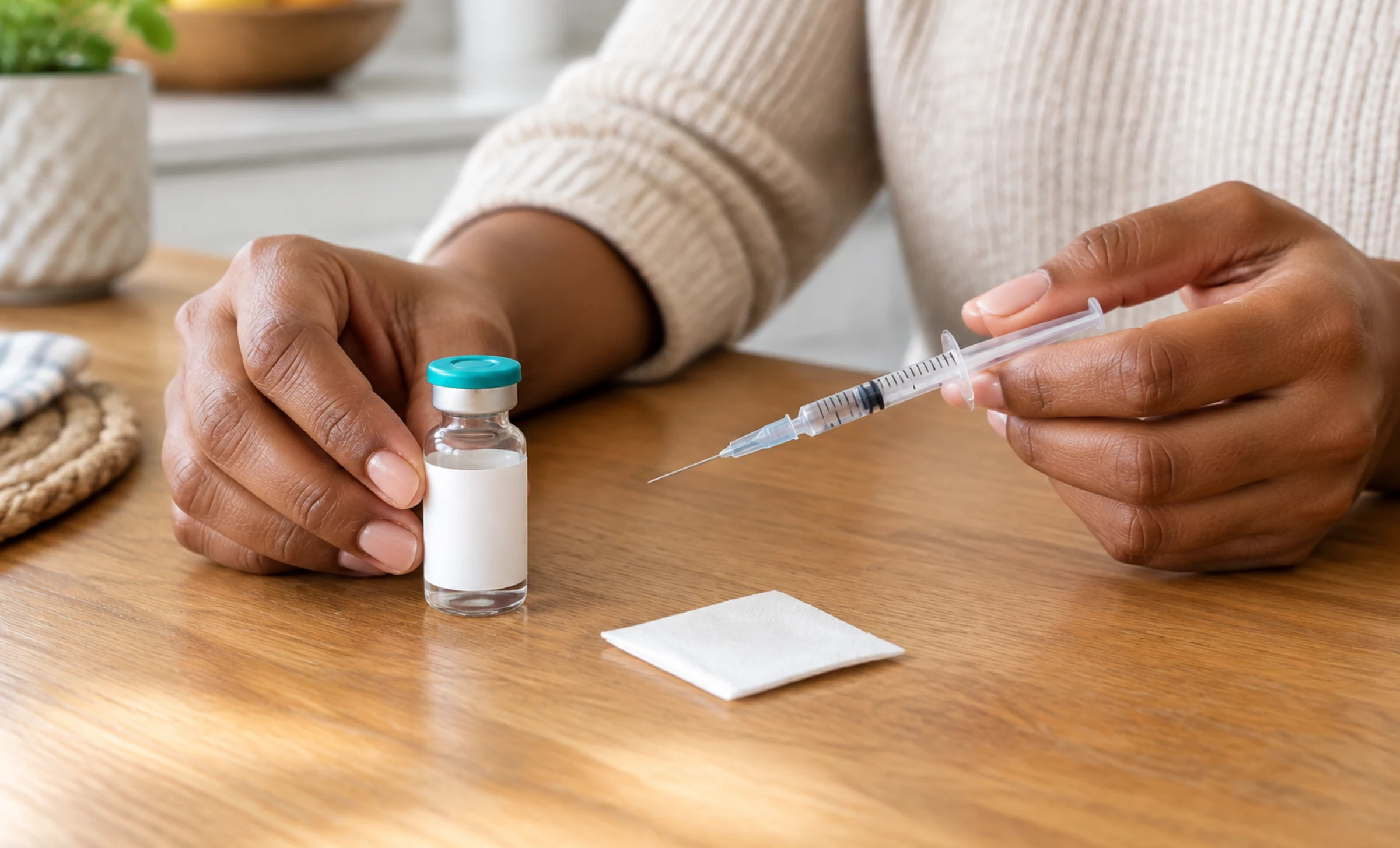 Hands preparing a first GLP-1 injection at a kitchen table, vial and syringe in frame, reflecting the guided first week the Starter Bundle is built for