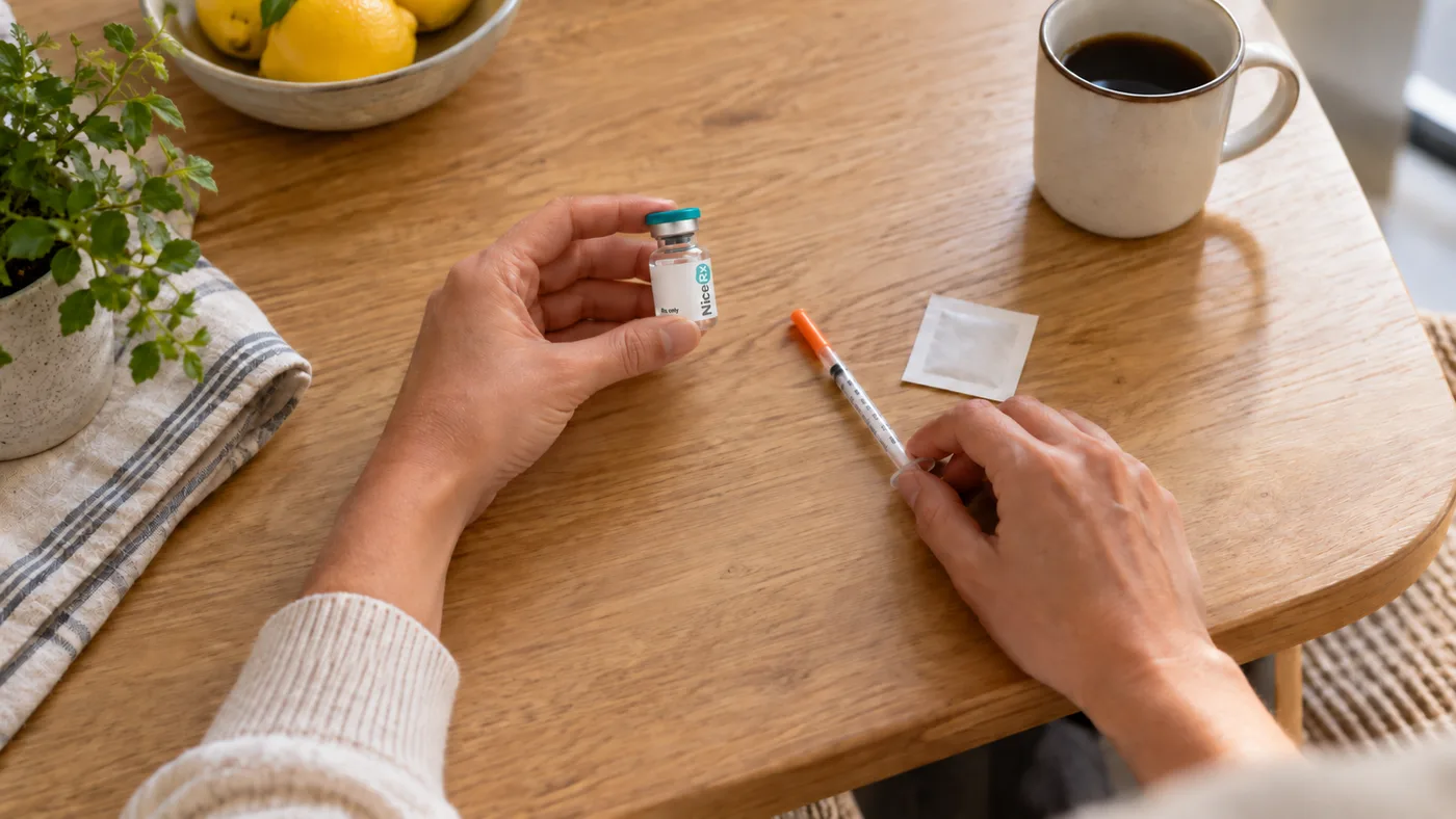 Hands preparing a NiceRx starter bundle injection at home, vial, syringe and alcohol swab on a kitchen table