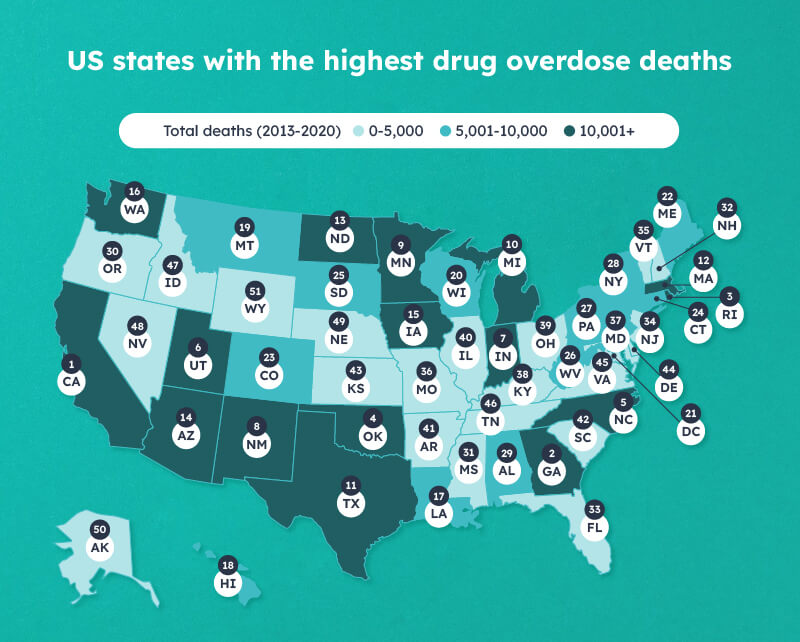 Most drug deaths by state