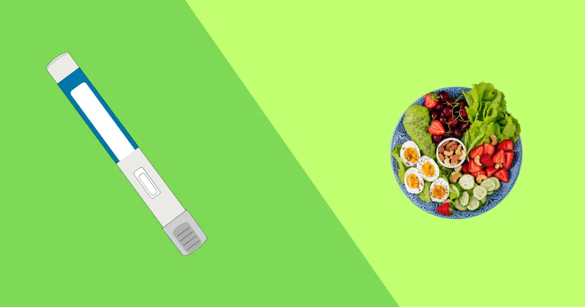 A glucose meter on the left and a plate of healthy food, including eggs, vegetables, and strawberries—ideal for a semaglutide diet plan—are set against a green background divided diagonally.