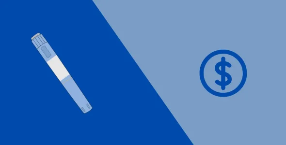 Illustration of an insulin pen on the left and a blue dollar sign inside a circle on the right, divided diagonally by two shades of blue, highlighting semaglutide cost concerns.