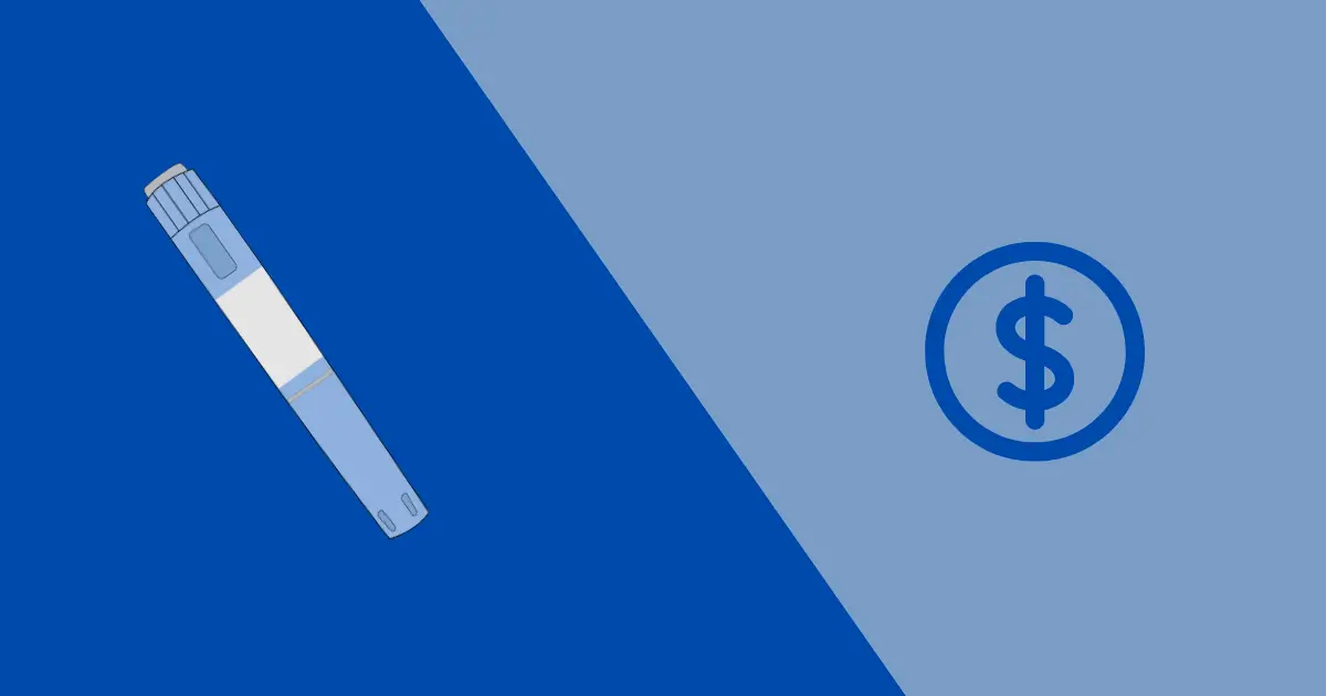 Illustration of an insulin pen on the left and a blue dollar sign inside a circle on the right, divided diagonally by two shades of blue, highlighting semaglutide cost concerns.