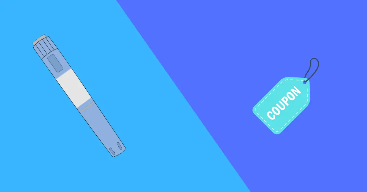 Illustration of an insulin pen on the left and an ozempic coupon tag on the right, set against a blue diagonal split background.