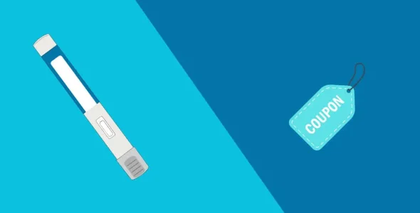 An illustration of a medical injection pen on the left and a blue wegovy coupon tag on the right, both set against a split light and dark blue background.