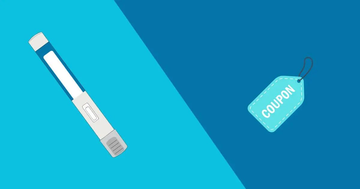 An illustration of a medical injection pen on the left and a blue wegovy coupon tag on the right, both set against a split light and dark blue background.
